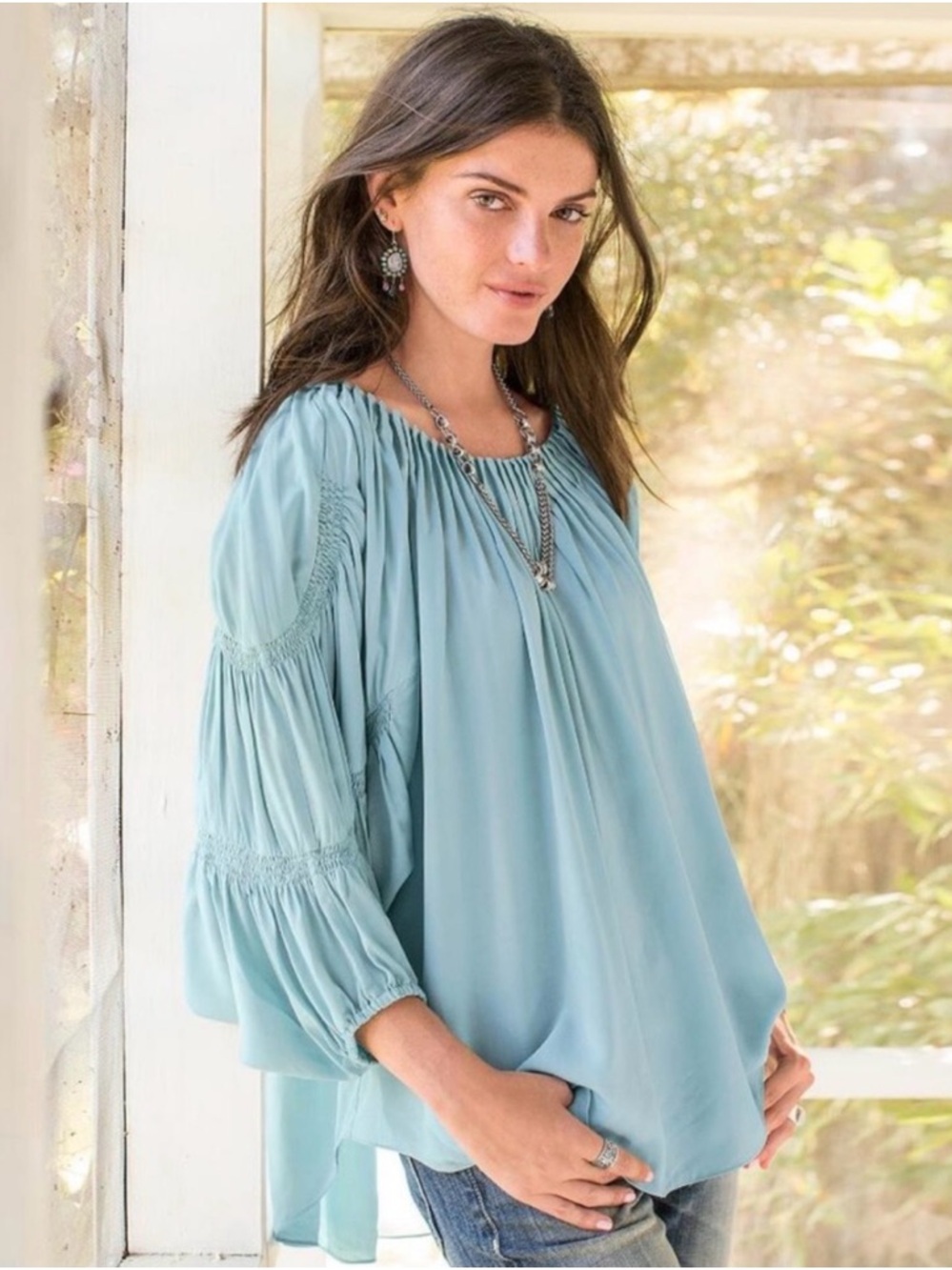 Sundance Light Blue Off-Shoulder Ruffled Sleeve Tunic
